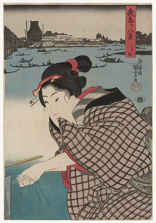 Hitotsume, beauty washing her hands at Benzaiten shrine in Hitotsume. In the background the Sumida river and the Ichi-no-hashi bridge