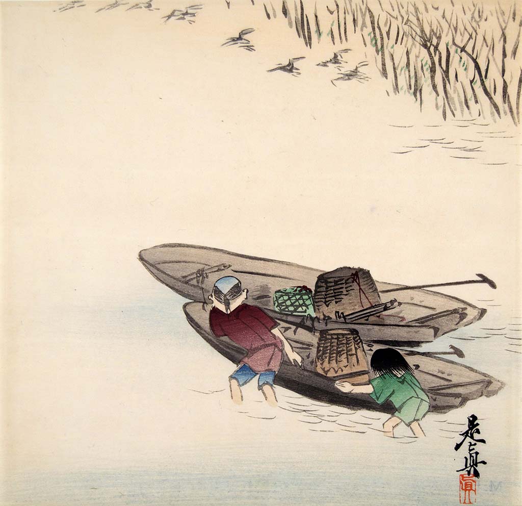  Fisherman and boy pushing a pair of boats into the water