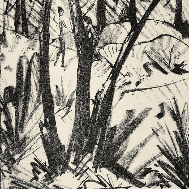 Waldlandschaft mit kleinen figuren (2)<br>Woodblock print with small figures (2). (K. 74)