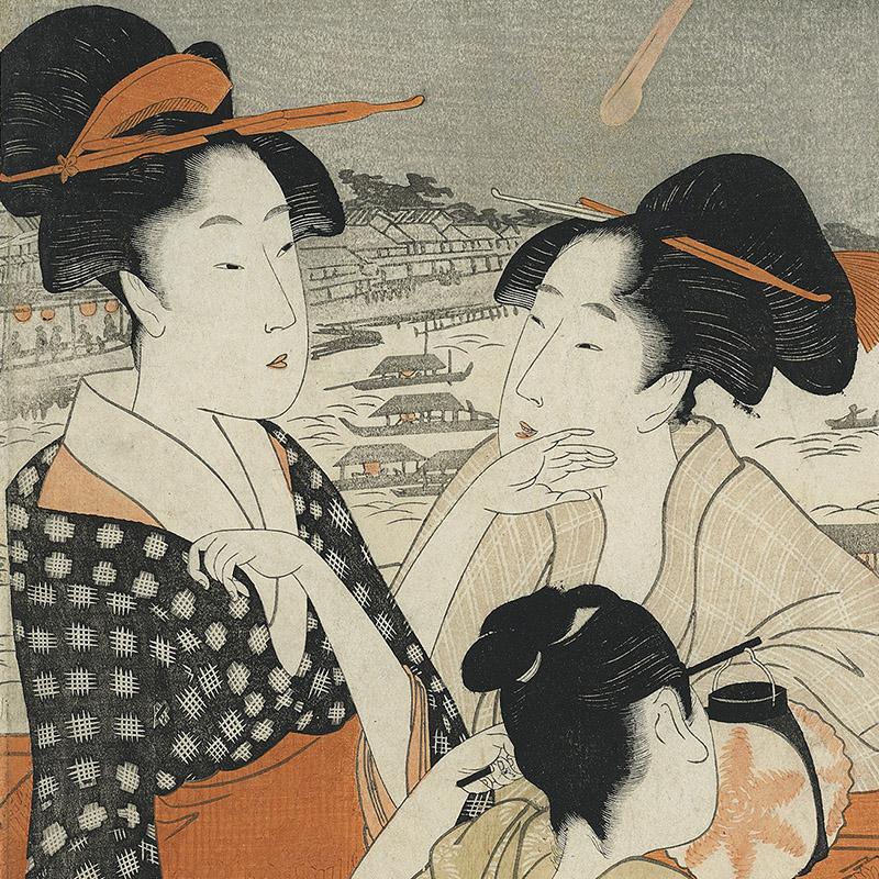 Fireworks over the Sumida river: two women on Ryogoku bridge talking while attendant holds a lantern