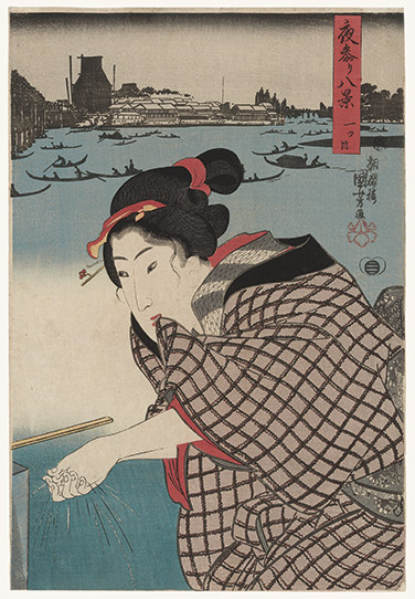 Hitotsume, beauty washing her hands at Benzaiten shrine in Hitotsume. In the background the Sumida river and the Ichi-no-hashi bridge