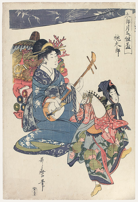 Momotaro riding a new year's hobby horse and a Geisha with a Shamisen