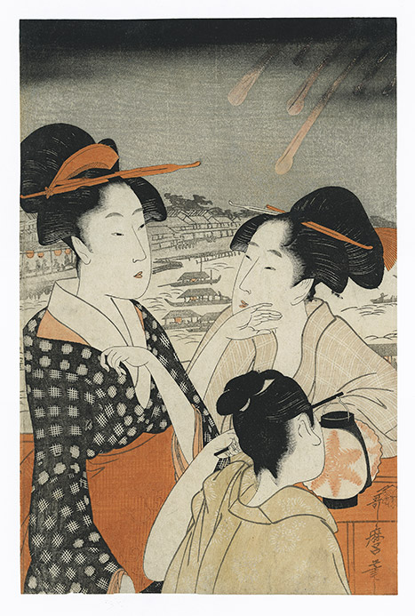 Fireworks over the Sumida river: two women on Ryogoku bridge talking while attendant holds a lantern