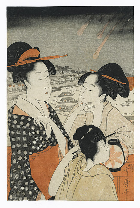 Fireworks over the Sumida river: two women on Ryogoku bridge talking while attendant holds a lantern